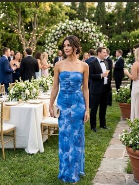 Strapless Blue Floral Maxi Dress